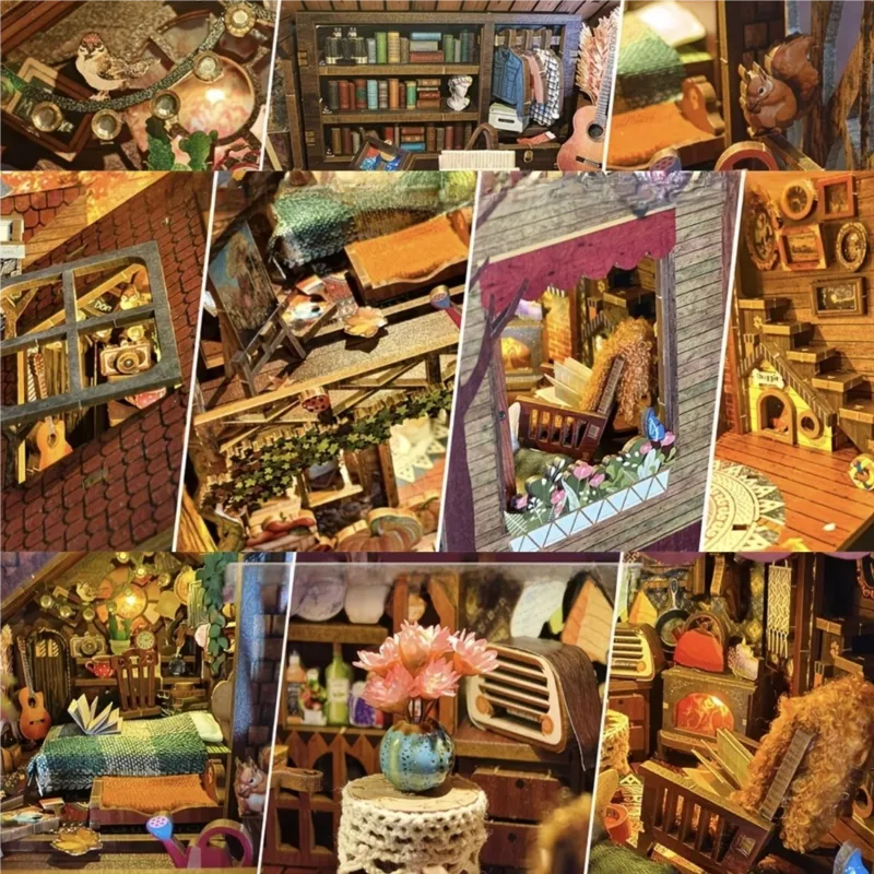 Collage dei mobili, degli animali e delle zone creative di Twilight Cottage