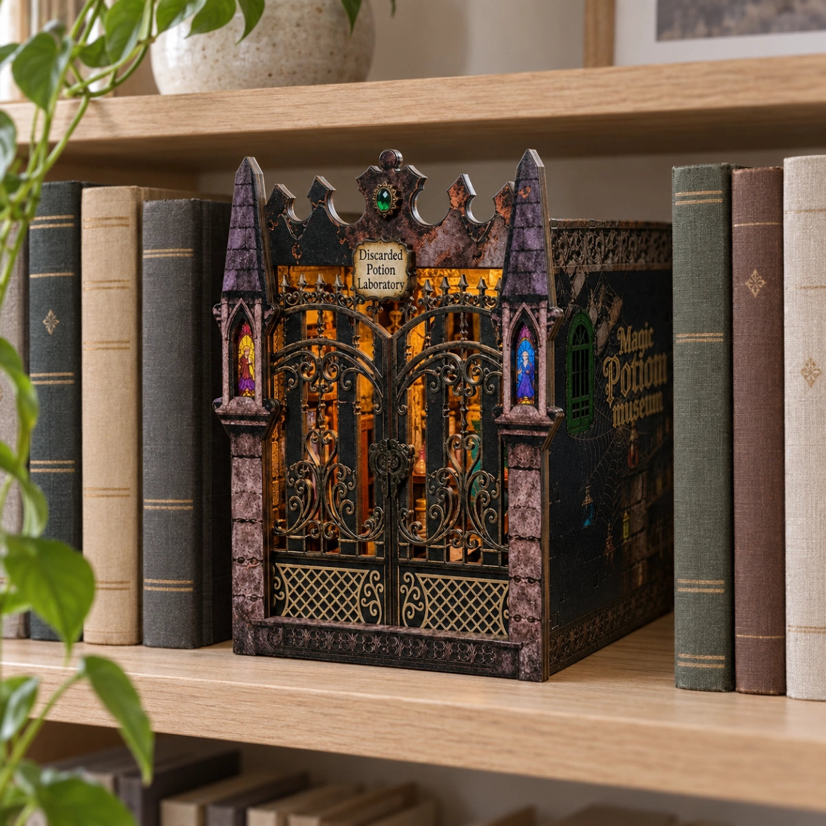 Twilight Potion Mystic Realm illuminato tra i libri su uno scaffale