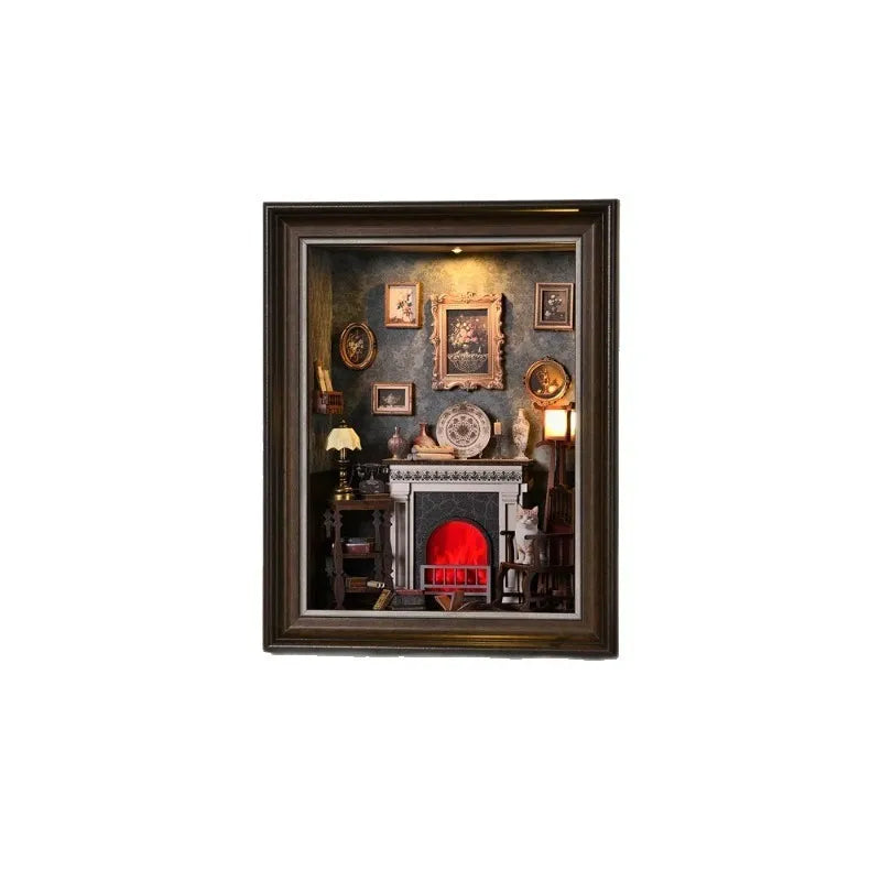 DIY 3D-Bilderrahmen Bausatz - Kaminhaus | Miniatur Diorama Gesamtansicht mit präzise geschnittenen Holzteilen und hochwertiger Verarbeitung