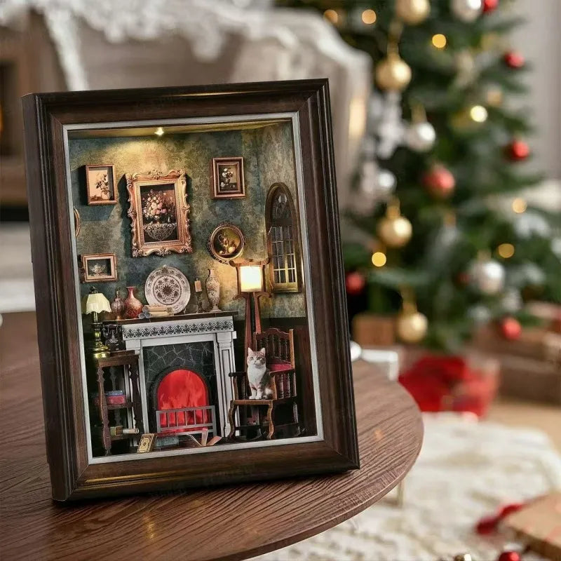 Seitliche Ansicht des DIY 3D-Bilderrahmen Bausatz - Kaminhaus | Miniatur Diorama mit gut sichtbaren Elementen