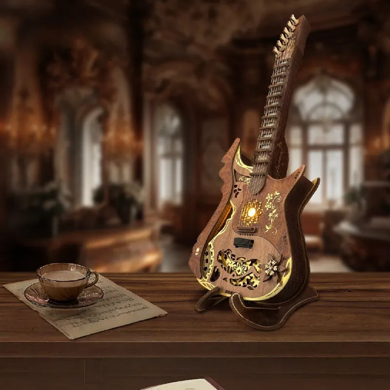 DIY Holz-Gitarrenbausatz Gesamtansicht mit detaillierter Szenerie