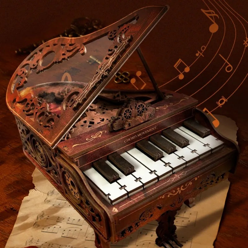 Obere Ansicht des DIY Holz-Klavierbausatz mit detaillierten Mustern und Beleuchtung