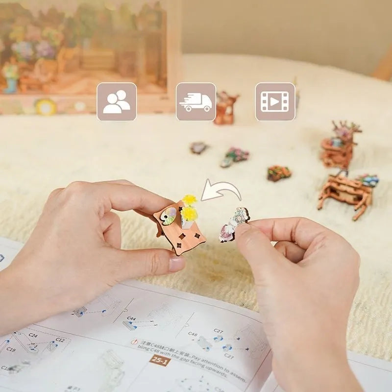 Detailansicht des DIY Story Frame Kit - Blossom time Bookstore mit präzise geschnittenen Holzteilen aus hochwertigem Material