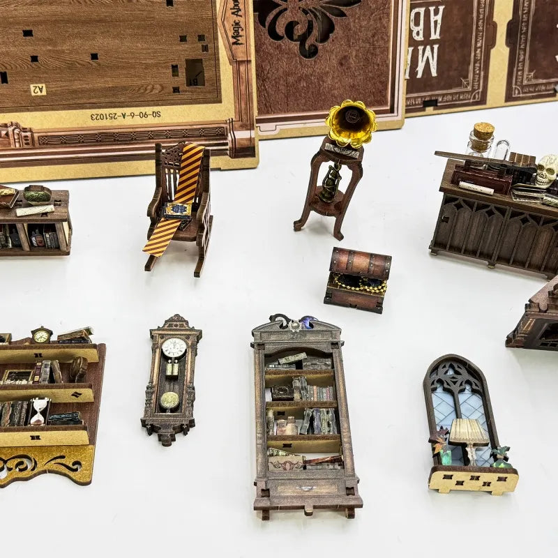 Detailansicht des Miniatur Haus Bausatz - Magic Abode mit präzise geschnittenen Holzteilen aus hochwertigem Material