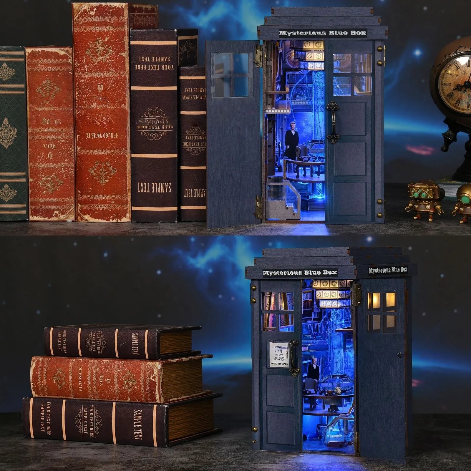 Book Nook - Mysterious Phone Booth dekorativ auf einem Schreibtisch platziert
