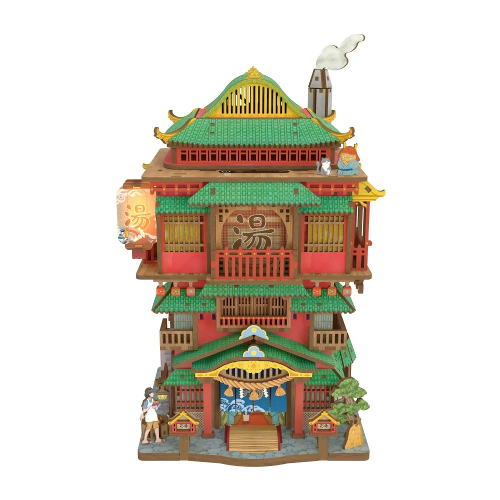 Miniatur Haus Bausatz - Onsen Saga Gesamtansicht mit präzise geschnittenen Holzteilen und hochwertiger Verarbeitung