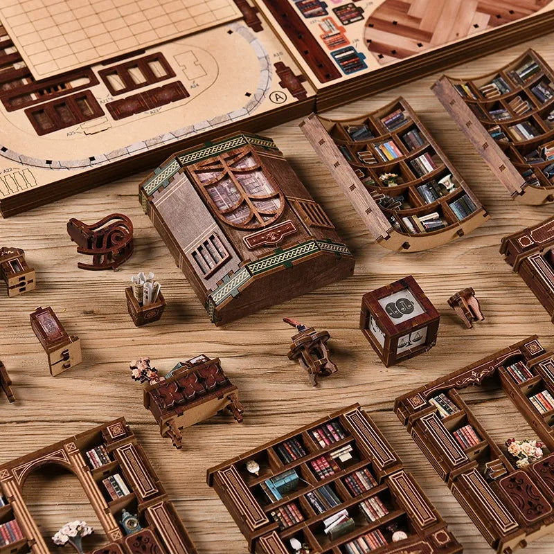 Detailansicht des Miniatur Haus Bausatz - Qimeng Bookstore mit präzise geschnittenen Holzteilen aus hochwertigem Material