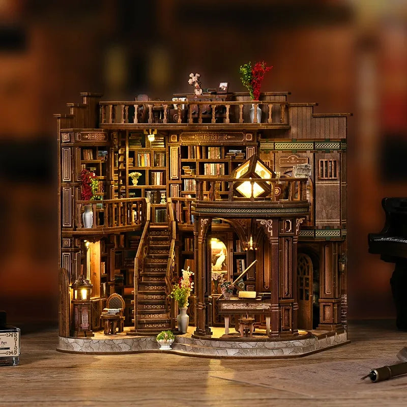 Miniatur Haus Bausatz - Qimeng Bookstore dekorativ auf einem Schreibtisch platziert
