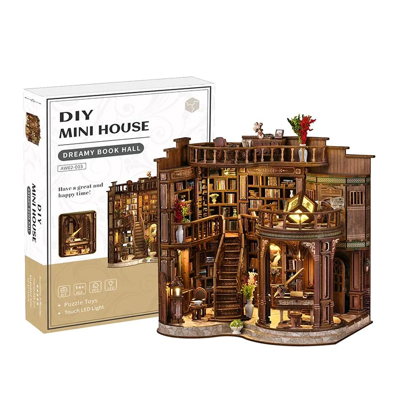 Miniatur Haus Bausatz - Qimeng Bookstore Gesamtansicht mit präzise geschnittenen Holzteilen und hochwertiger Verarbeitung