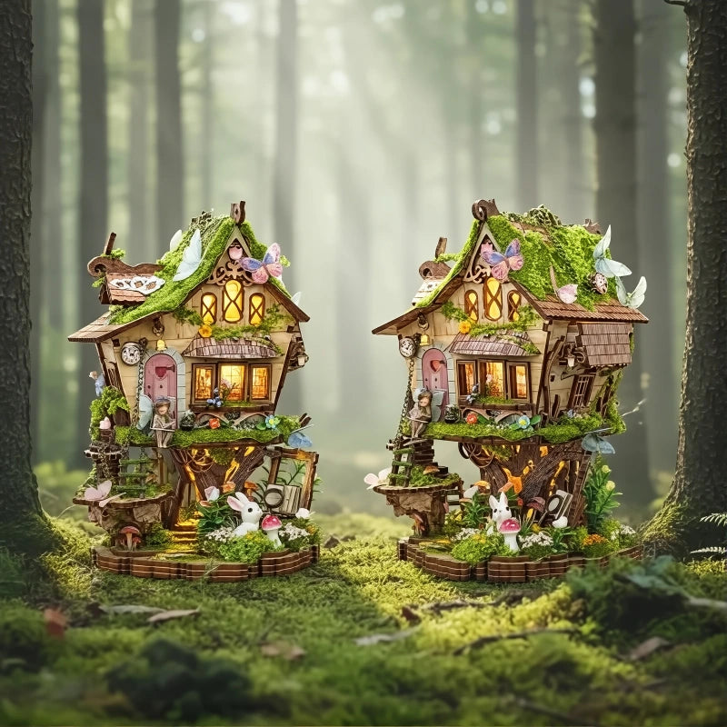 Seitliche Ansicht des Miniatur Haus Bausatz - Rowan's Treehouse mit gut sichtbaren Elementen