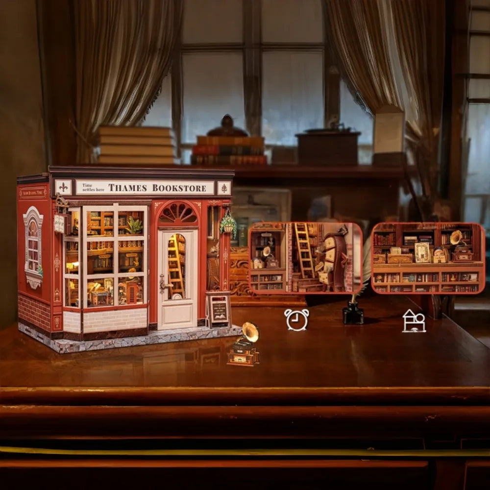 Nahaufnahme des Miniatur Haus Bausatz - Thames Bookstore mit reichhaltigen Details