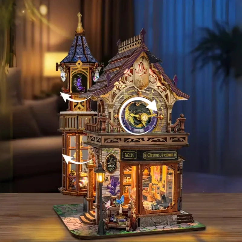 Seitliche Ansicht des Miniatur Haus Bausatz - Time Magic Club mit gut sichtbaren Elementen