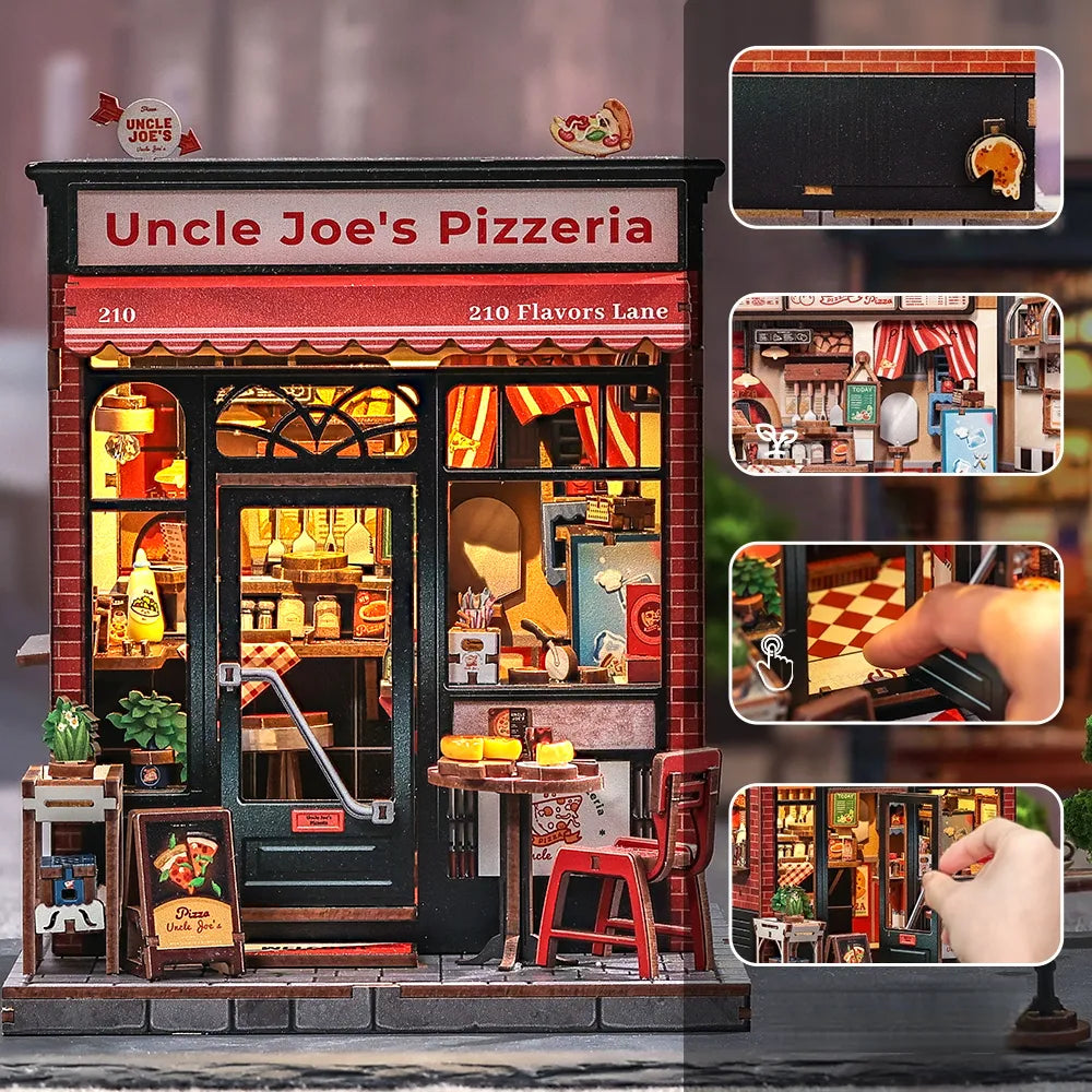 Nahaufnahme des Miniatur Haus Bausatz - Uncle Joe's Pizzeria mit reichhaltigen Details