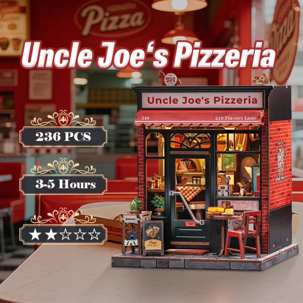 Seitliche Ansicht des Miniatur Haus Bausatz - Uncle Joe's Pizzeria mit gut sichtbaren Elementen