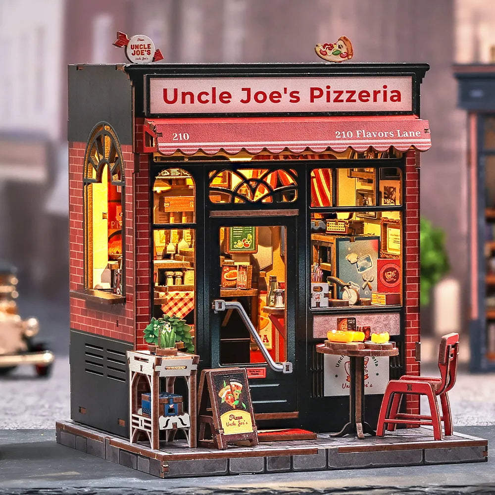 Seitliche Ansicht des Miniatur Haus Bausatz - Uncle Joe's Pizzeria mit gut sichtbaren Elementen