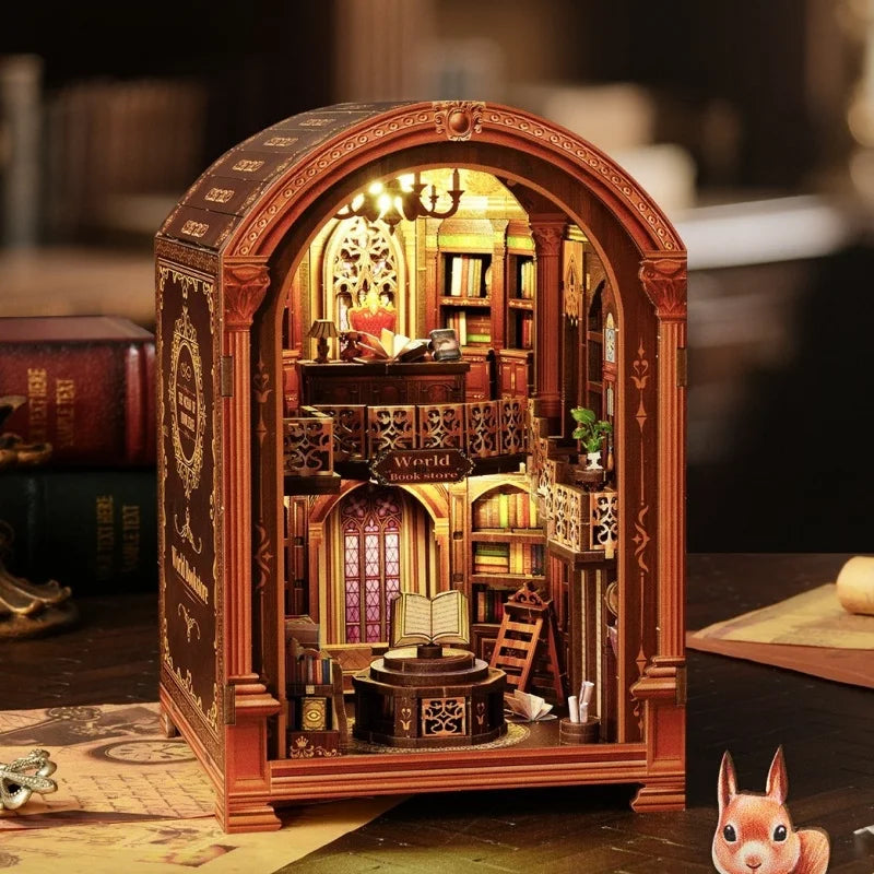Seitliche Ansicht des Miniatur Haus Bausatz - Wanguo Bookstore mit gut sichtbaren Elementen