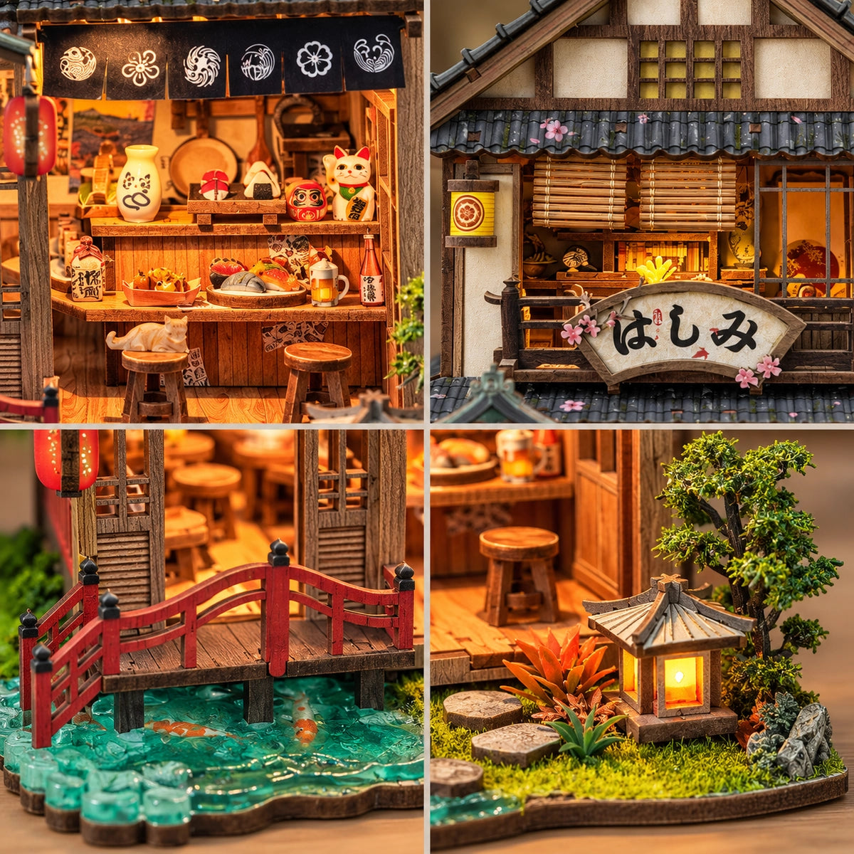 Collage of the counter, upper floor, bridge and garden
