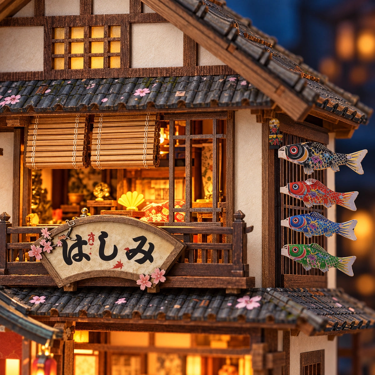 Upper floor with carp decorations and a shop sign