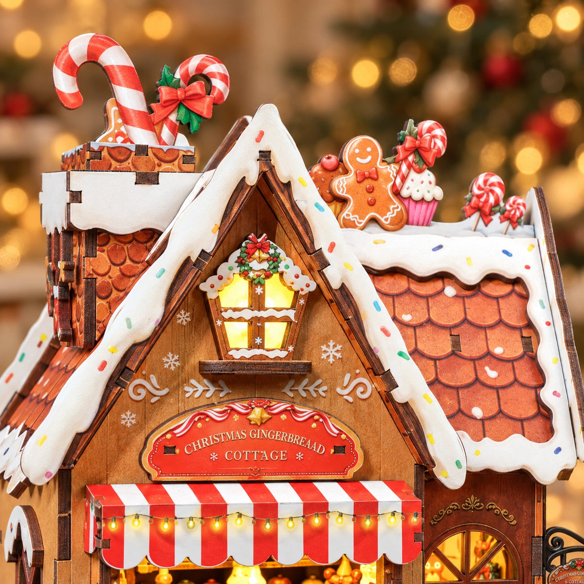 Dach mit Lebkuchenmann, Zuckerstangen und Zuckergussoptik