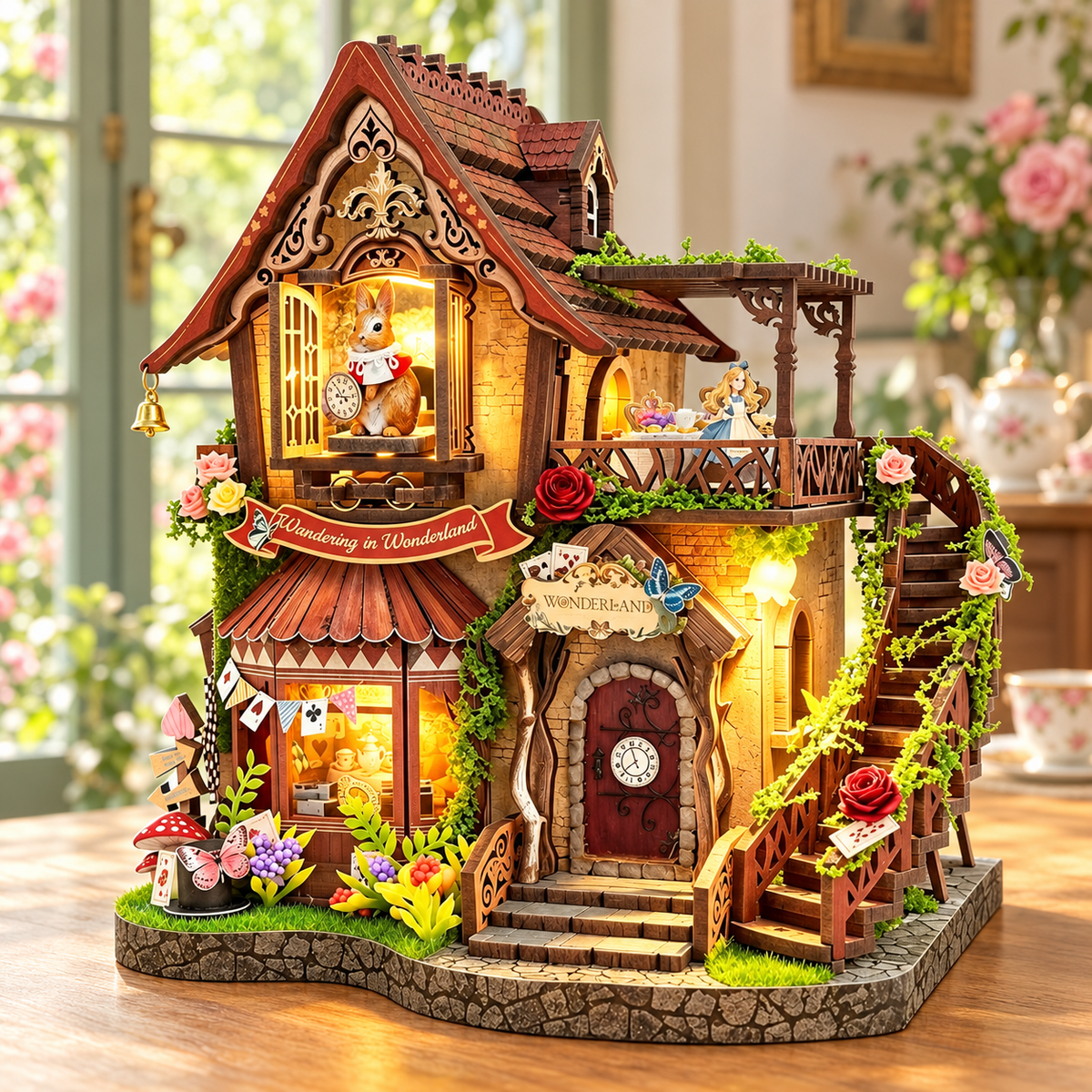 Dreamy Cottage – Vorderansicht mit Hase im Giebel und blühendem Garten
