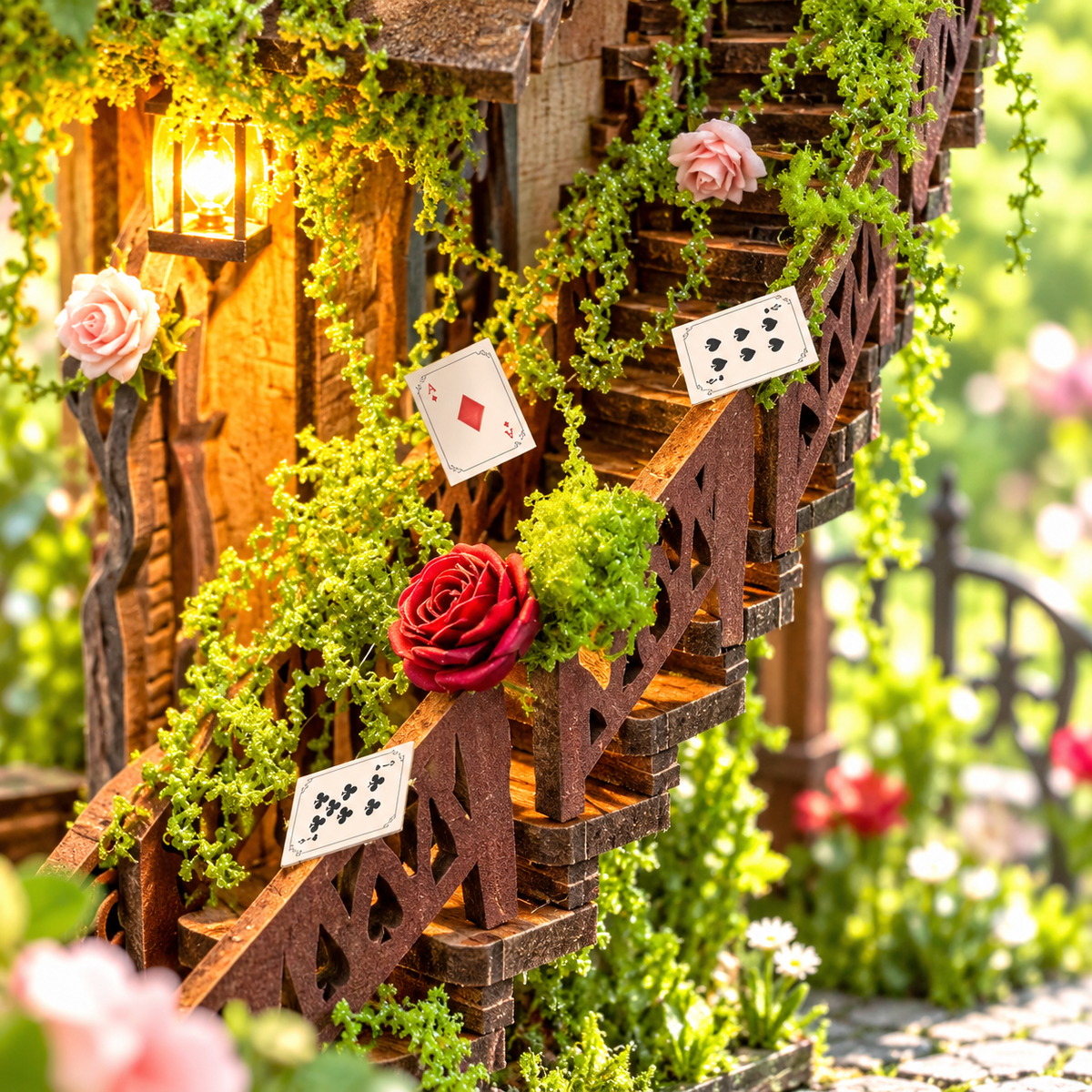 Rosengeschmückte Außentreppe mit Spielkarten und Laterne