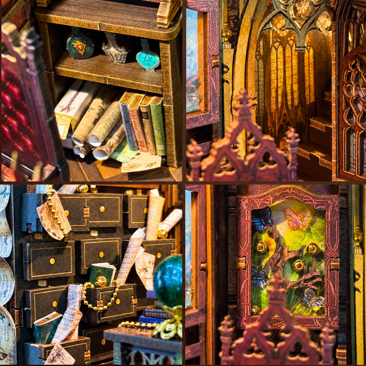 Collage con libri, finestra ad arco acuto, cassetti e quadro di farfalle