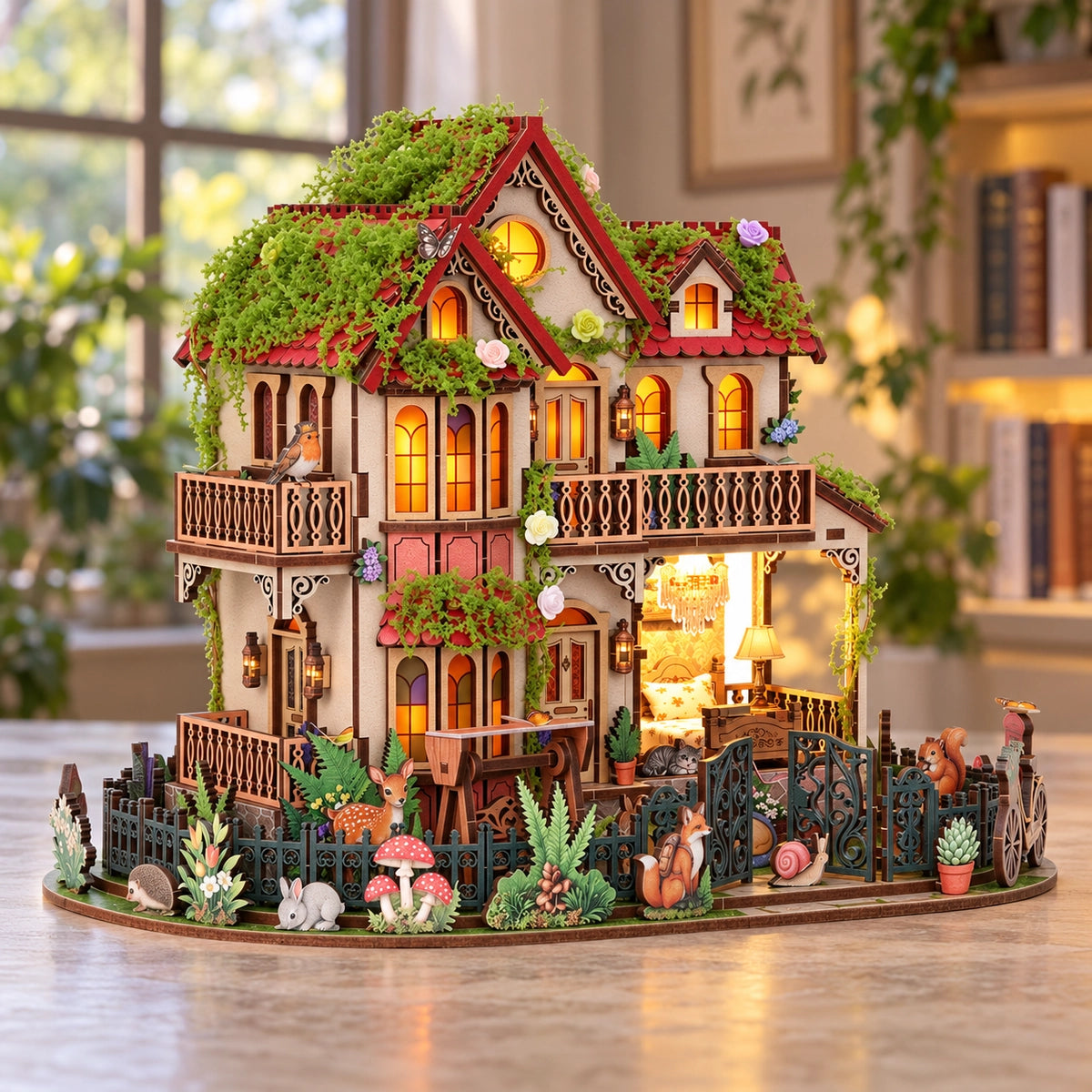 Casa in miniatura con tetti rossi e finestre dalla luce calda