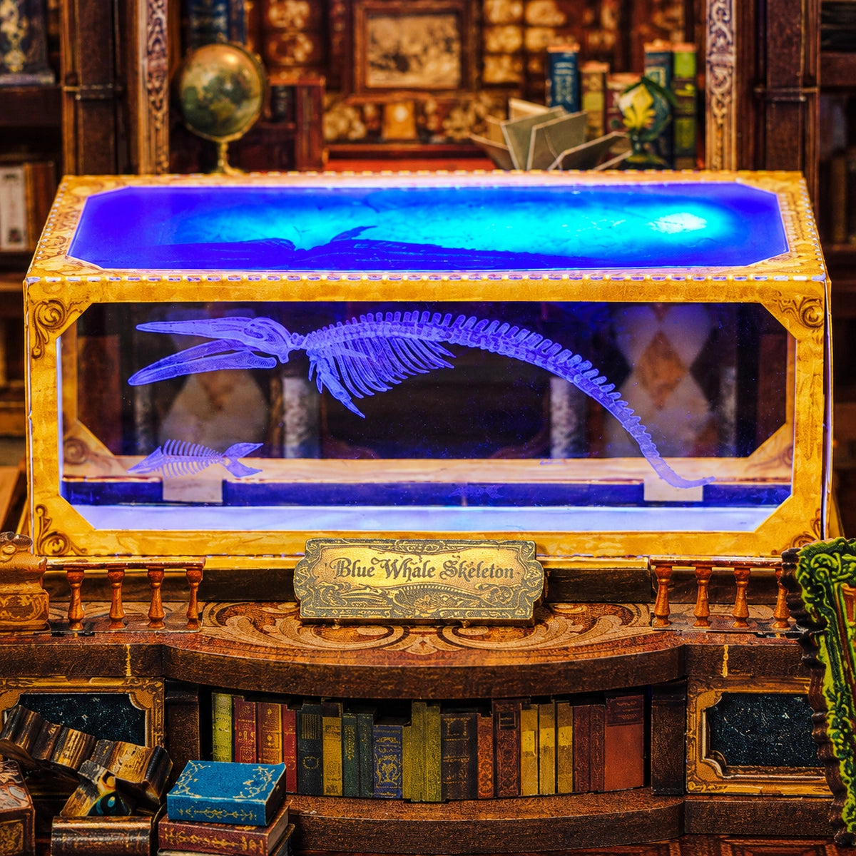 Vetrina blu con modello decorativo di scheletro davanti ai libri