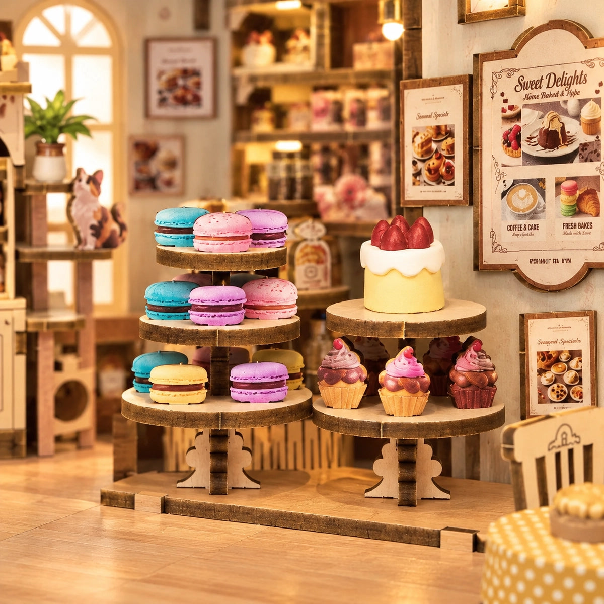 Macarons und Torten auf runden Präsentiertischen