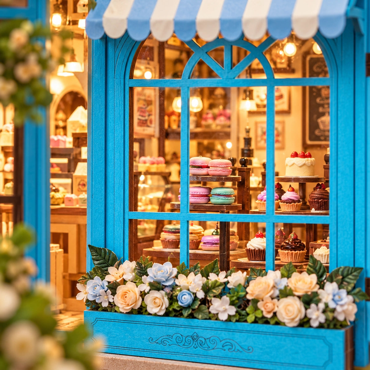 Schaufenster mit Blumen und kleinen Backwaren