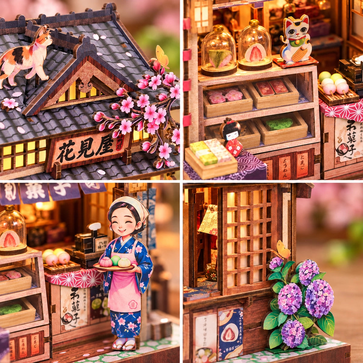 Collage of the roof, sweets, shopkeeper and flowers