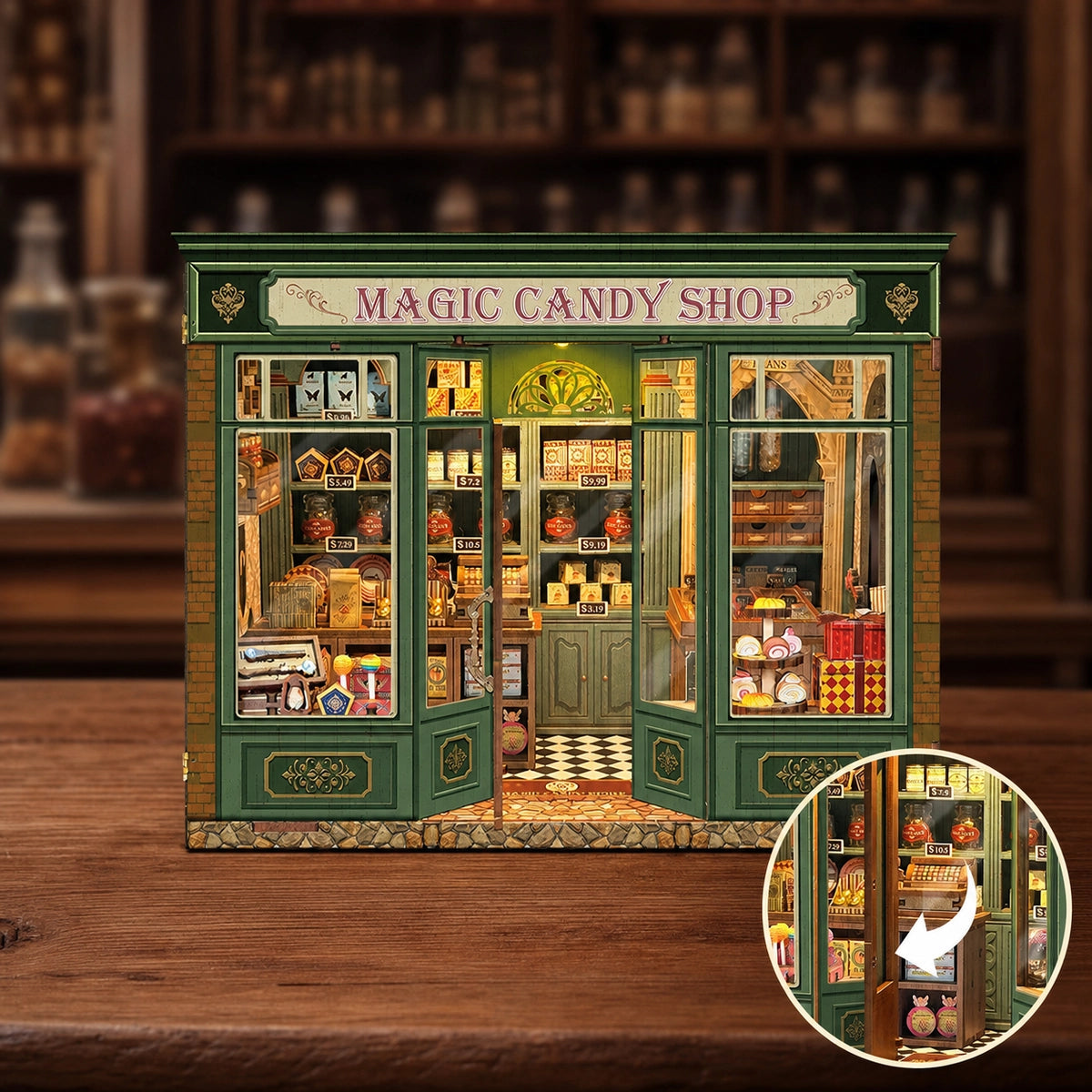 Magic Candy Shop mit geöffneten mittleren Doppeltüren