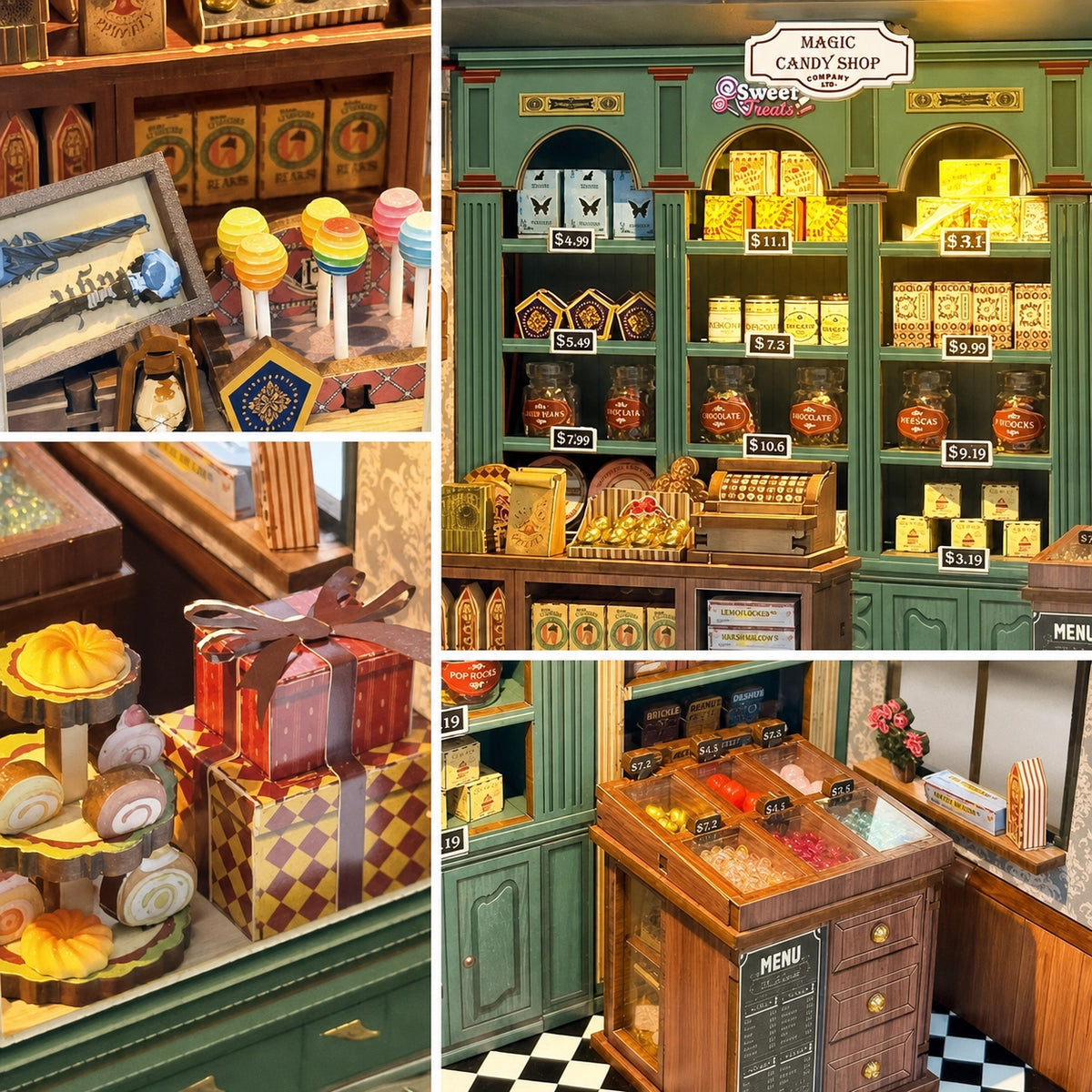 Details von Bonbons, Schokolade, Gebäck, Geschenken und Verkaufstheke