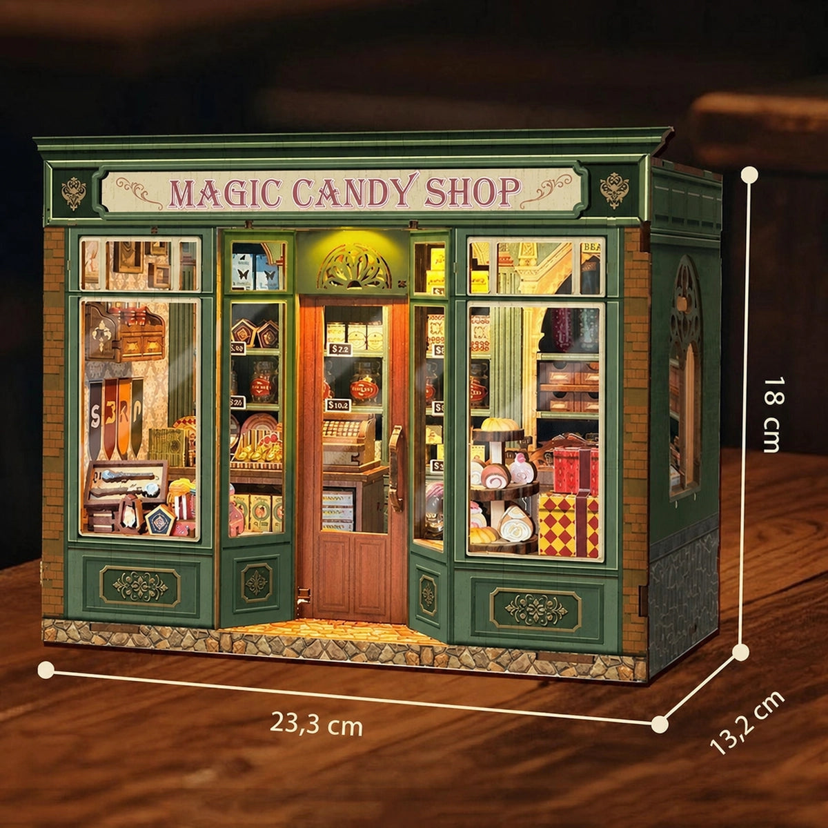 Abmessungen des aufgebauten Magic Candy Shop Miniaturhauses