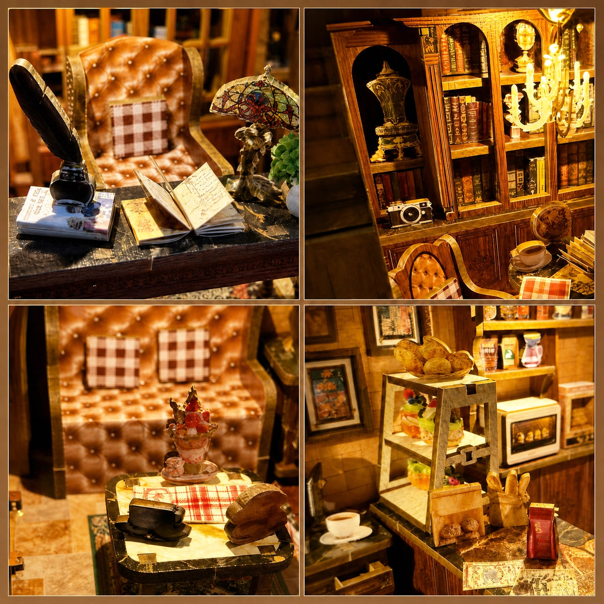 Detailcollage mit Schreibtisch, Lesesessel, Café-Tisch und Backwaren