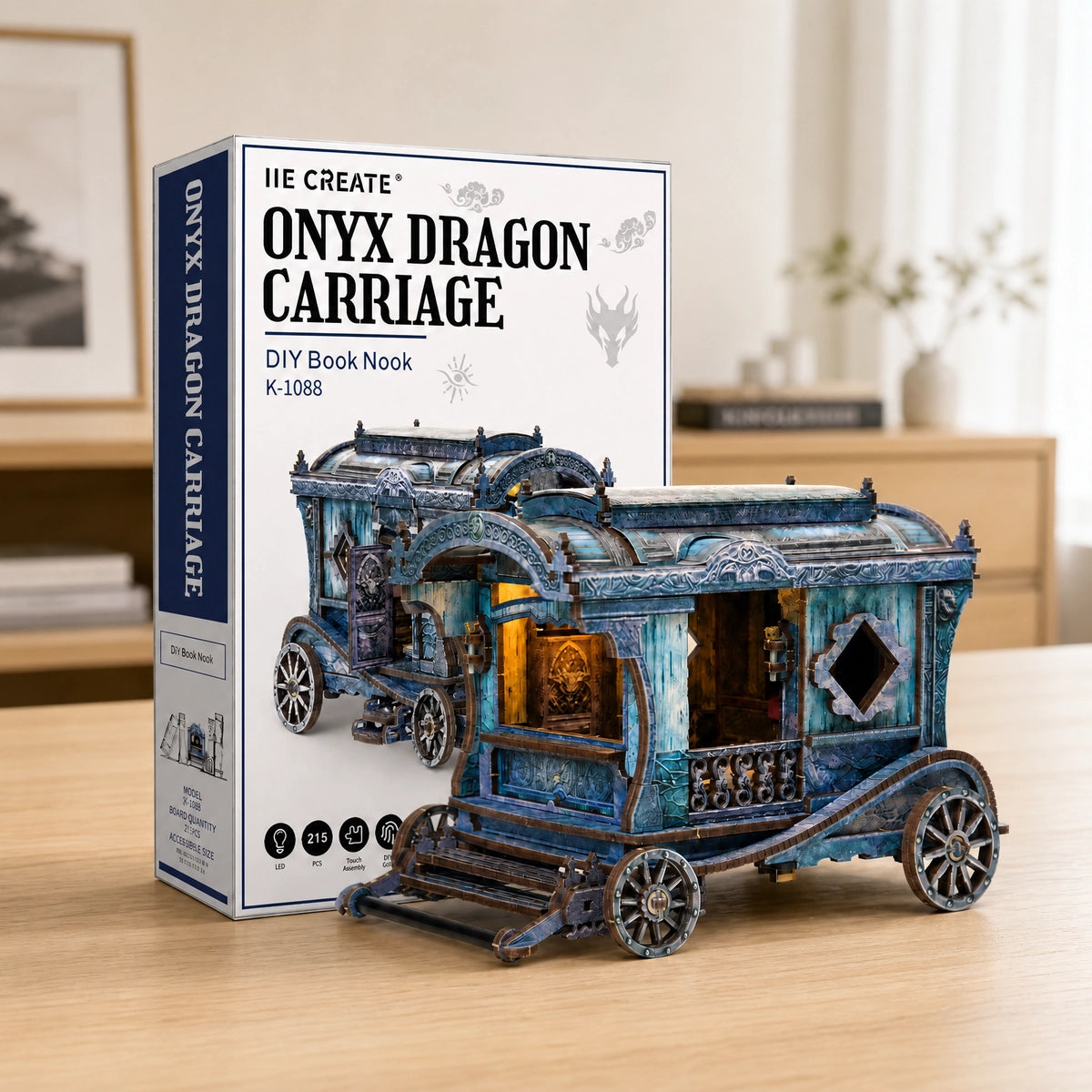 Onyx Dragon Carriage 3D-Holzpuzzle neben der illustrierten Verpackung