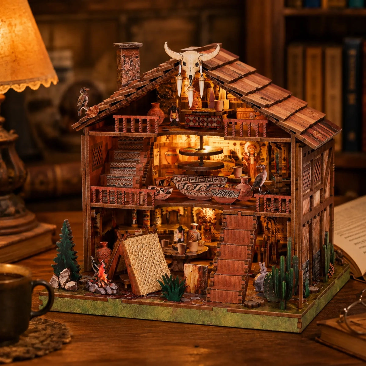 Oświetlony Plume Mountain Retreat między książkami a lampą