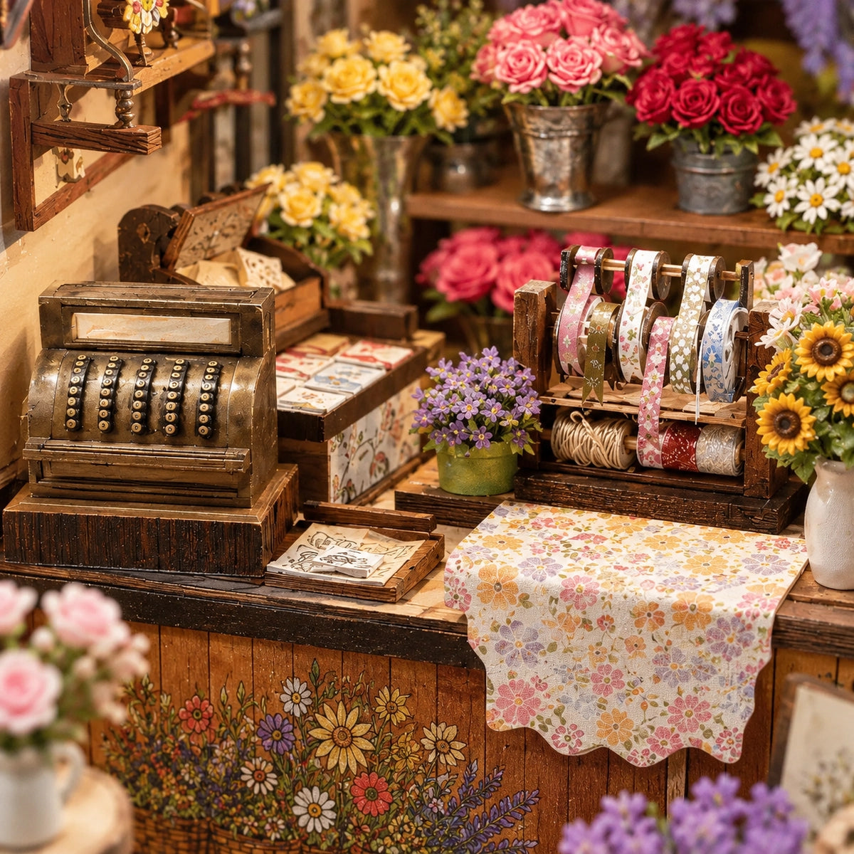 Nostalgische Kasse neben Geschenkband und Blumen auf der Theke