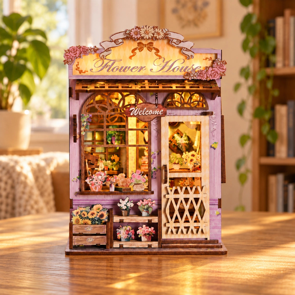 Quiet Corner Flower House – Frontansicht mit Blumenkisten und verziertem Ladenschild
