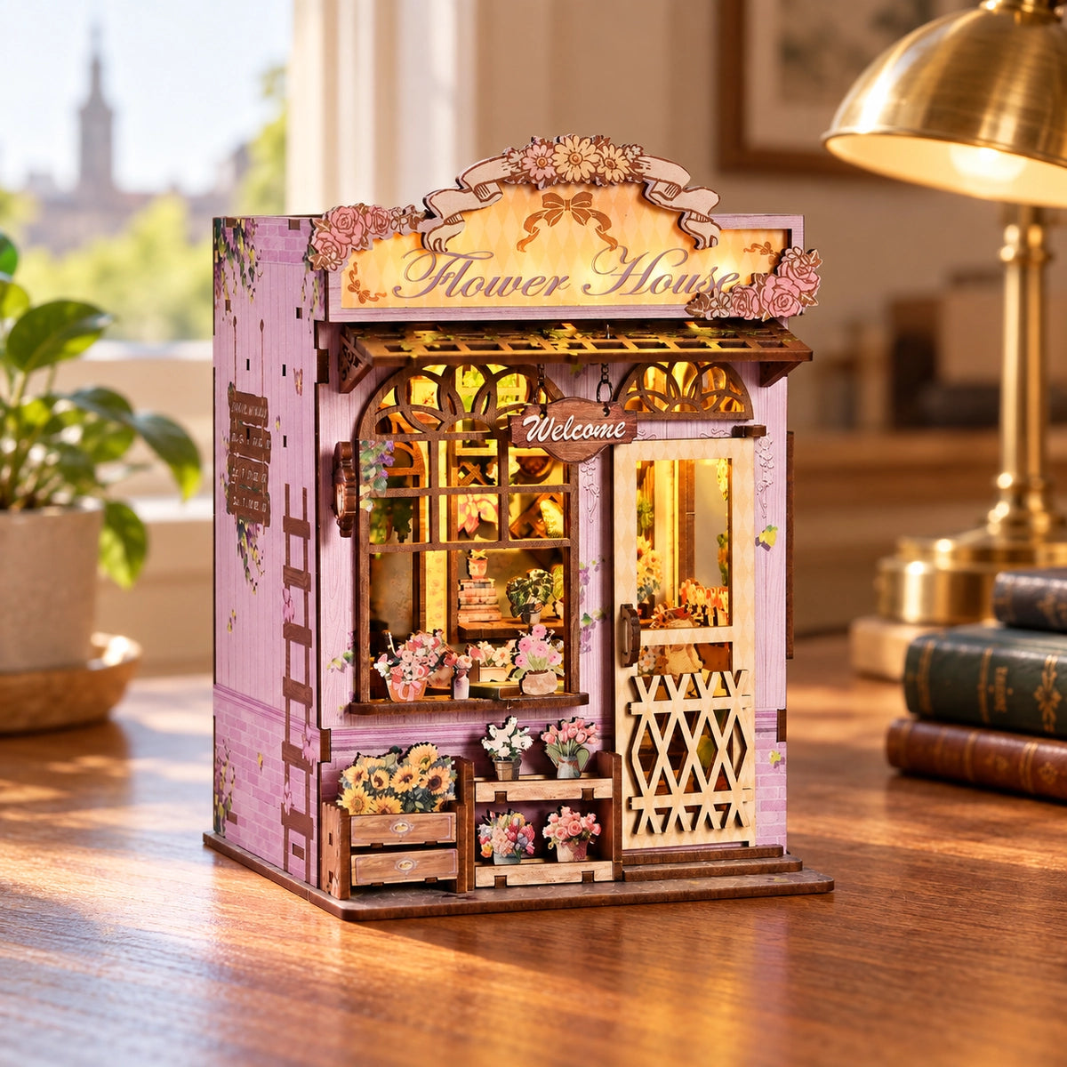 Quiet Corner Flower House – Schräge Ansicht mit seitlichem Fenster