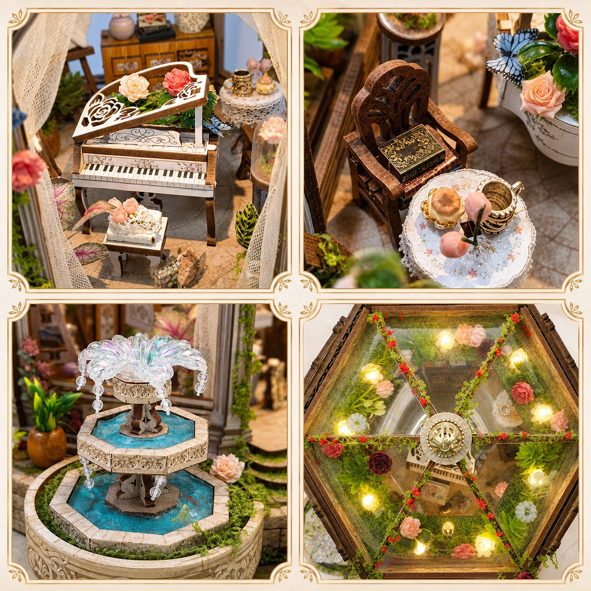 Pianoforte, sedia da giardino, fontana e cupola illuminata in Rose Manor