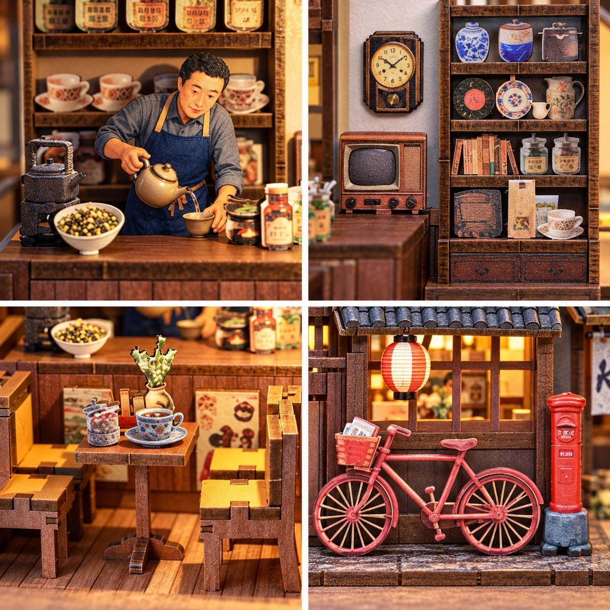 Collage mit Gastgeber, Regalen, Sitzplätzen und Fahrrad