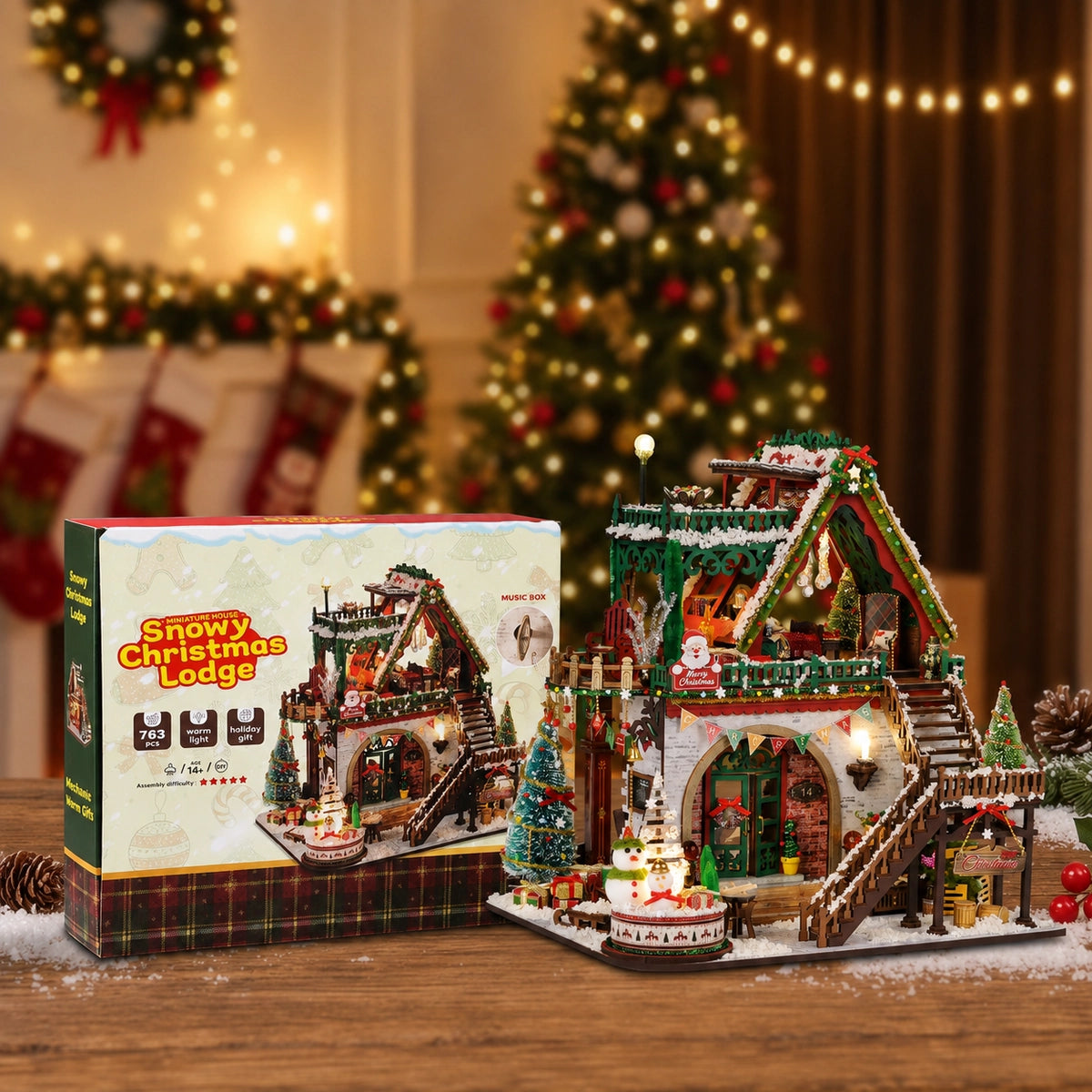Snowy Christmas Lodge neben der illustrierten Produktverpackung