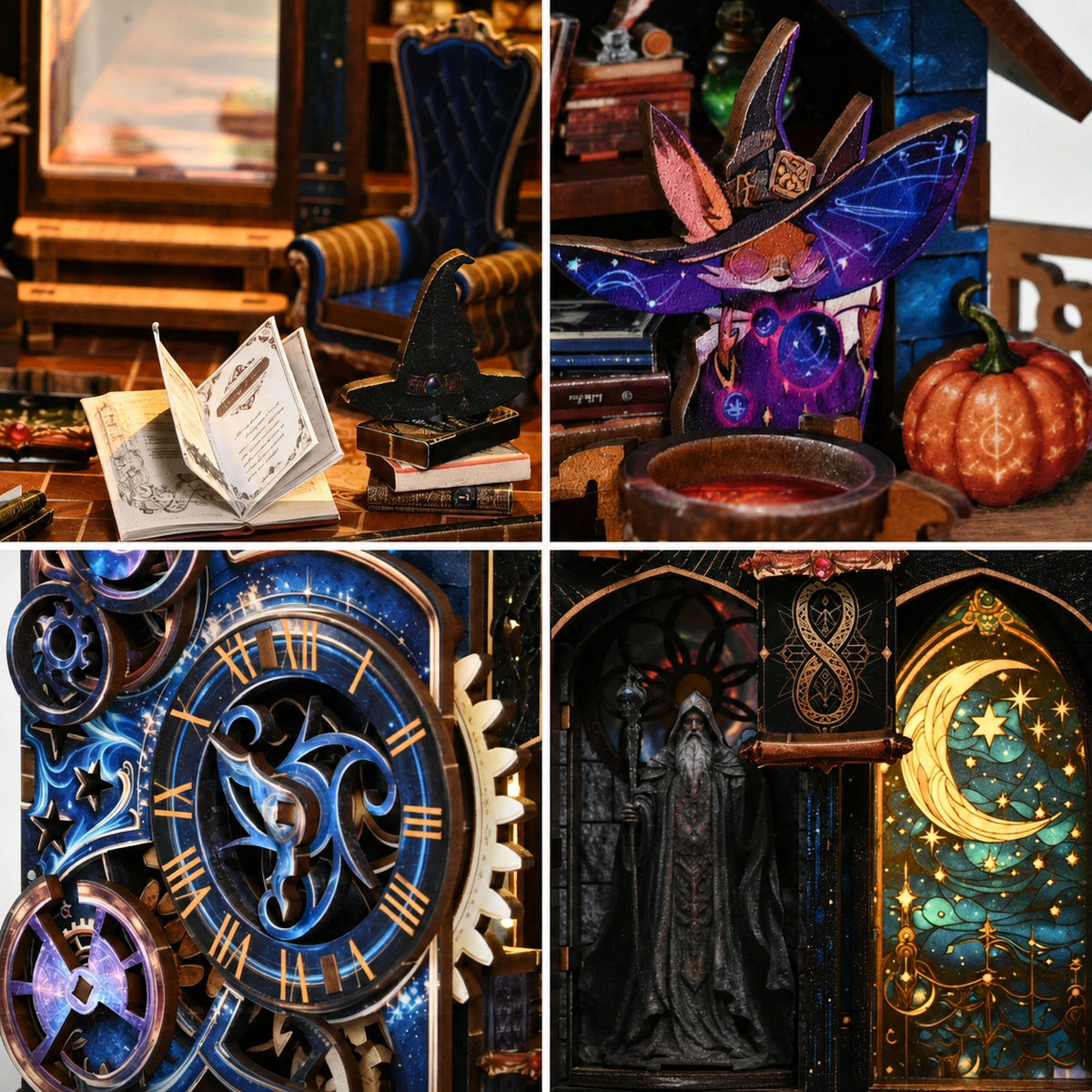 Detailcollage von Starfall Spire mit Zauberbuch, Sternenhut, Zifferblatt und Magierfigur