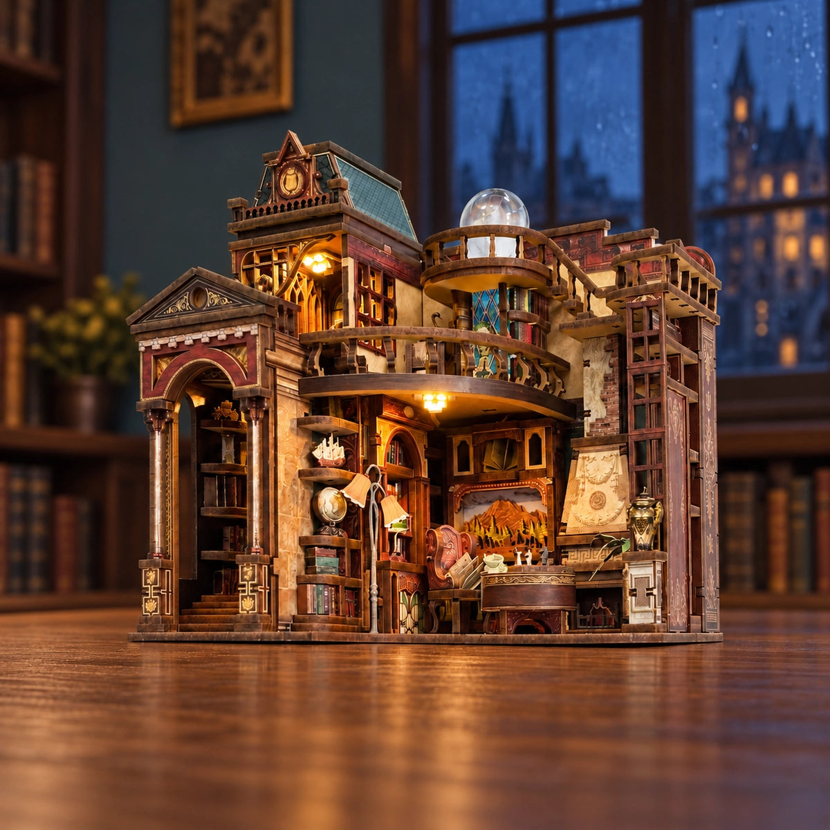 Biblioteca in miniatura illuminata in un ambiente serale