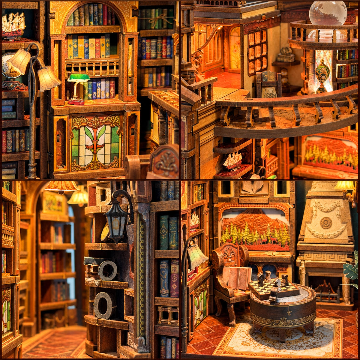 Collage di libreria, galleria, scritta BOOK e angolo lettura