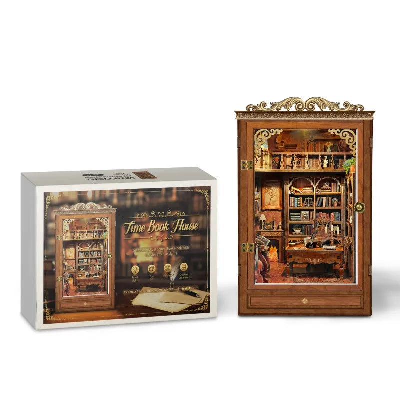 Miniatur Haus - Time Book House Gesamtansicht mit präzise geschnittenen Holzteilen und hochwertiger Verarbeitung