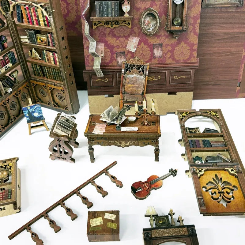 Detailansicht des Miniatur Haus - Time Book House mit präzise geschnittenen Holzteilen aus hochwertigem Material