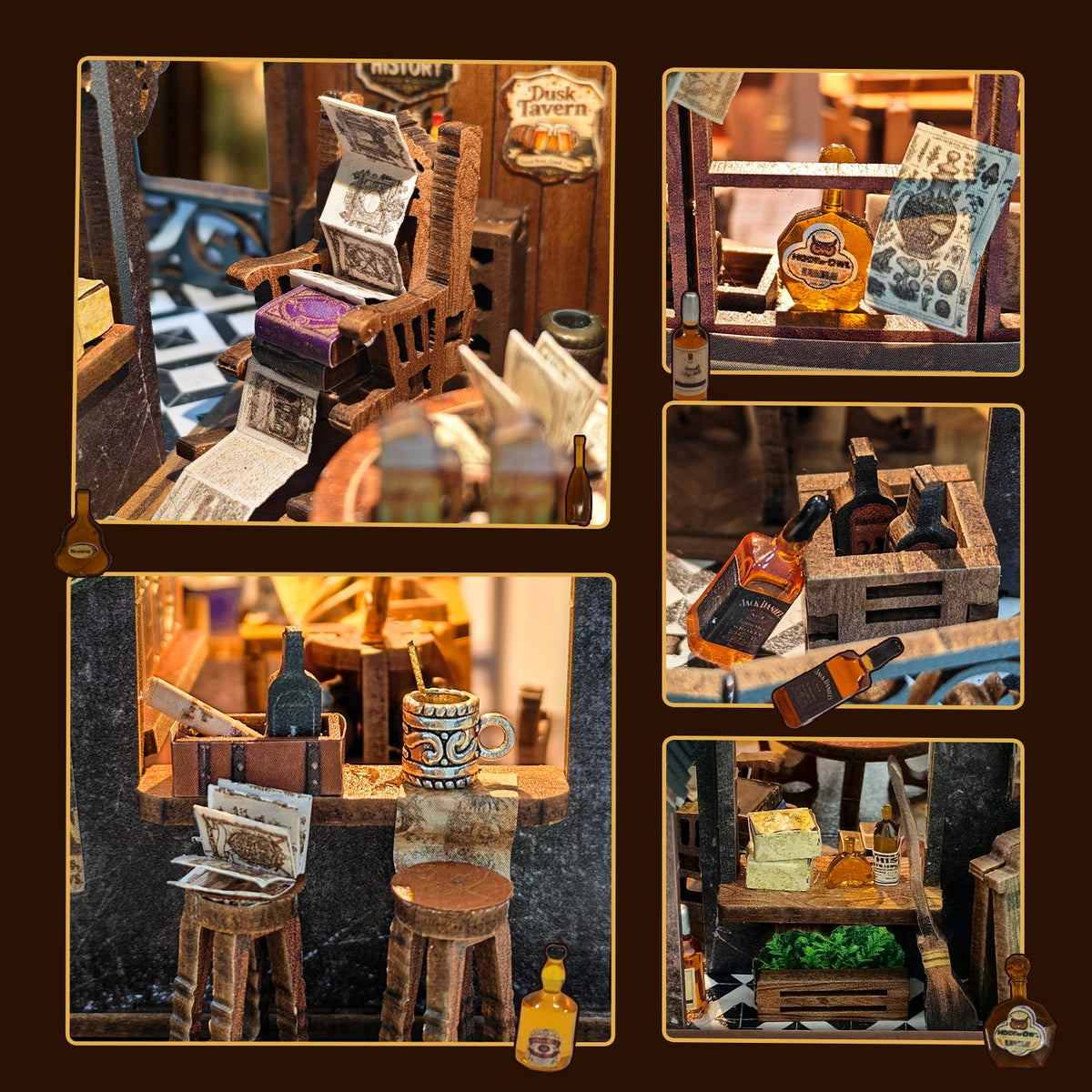 Detailcollage mit Büchern, Flaschen, Krug und kleiner Einrichtung