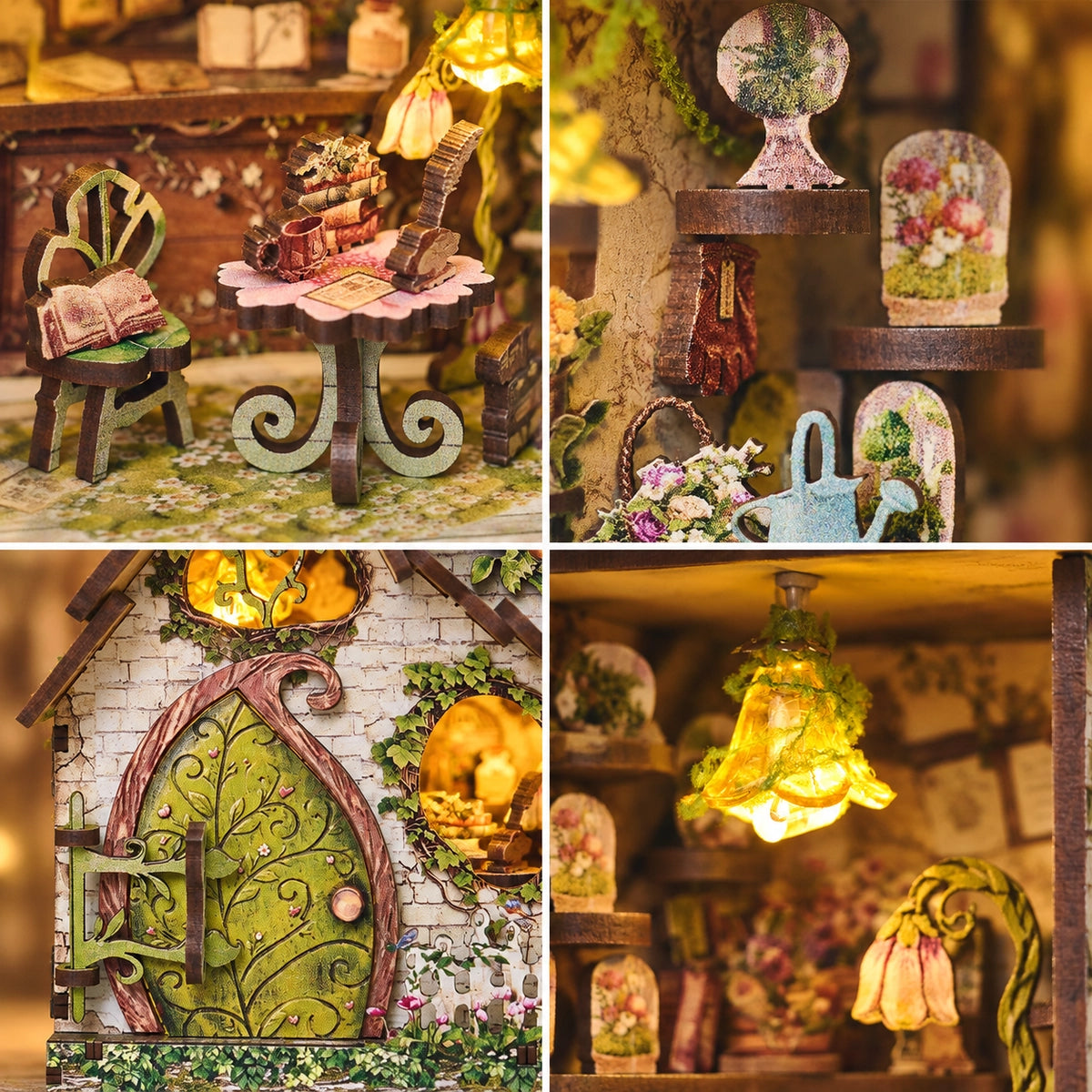 Detailcollage von Lesetisch, Pflanzenmotiven, Blatttür und Blumenlampe
